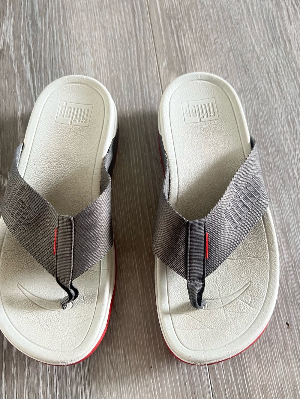 Vans Gray Strap Flip Flops with White Footbeds and Red Trim